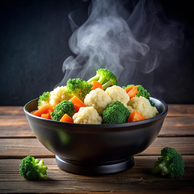 The steam from the vegetables carrot broccoli Cauliflower in a black bowl a steaming