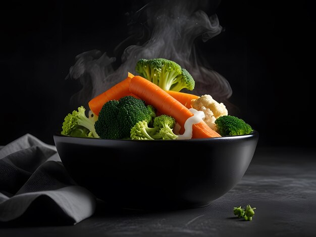 Photo the steam from the vegetables carrot broccoli cauliflower