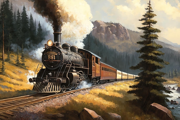 Steam locomotive pulling train of passenger cars through scenic landscape