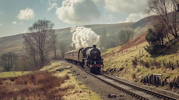 Photo steam locomotive traveling through a scenic rural landscape smoke billowing from its chimney classic train journey through fields and hills vintage transportation and exploration generative by ai