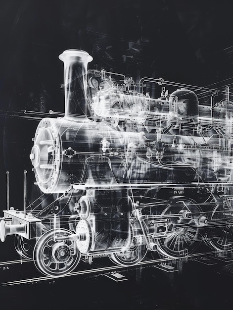 Steam Locomotive in XRay View A stylized xray view of a steam locomotive revealing its intricat