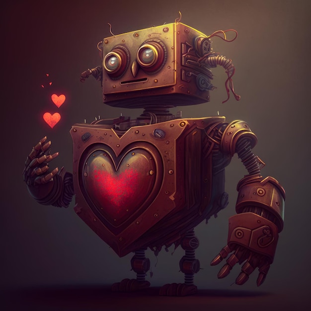 Steam punk robot in love Animation with heart on the chest and red hearts flying up Dark backdrop Generative network