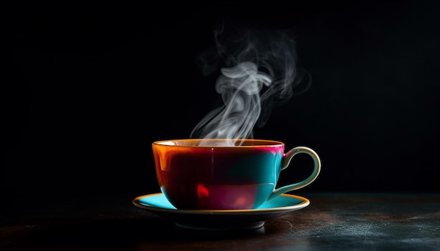 Steam rises from fresh black coffee in yellow mug on wood table generated by AI