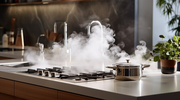 Photo steam rising from a bubbling pot on a gas stove nestled in a chic minimalist kitchen island surround