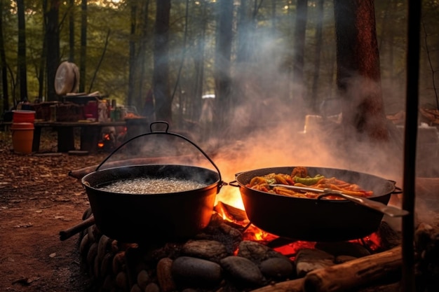 Steam rising from cooking paella over campfire created with generative ai