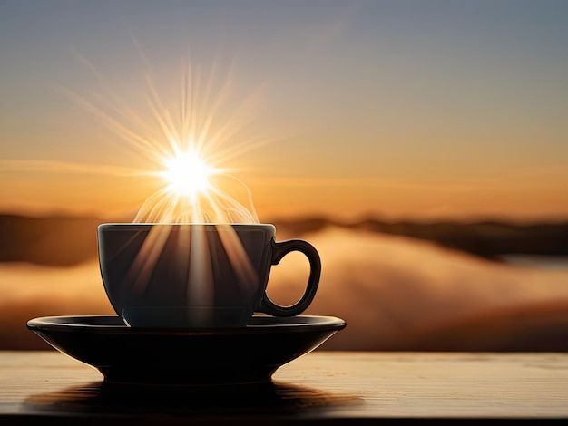 Steam rising from a perfectly brewed cup of coffee against a sunrise backdrop