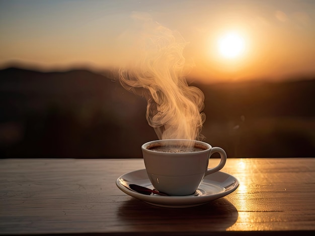 Steam rising from a perfectly brewed cup of coffee against a sunrise backdrop