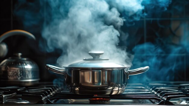 Steam rising from pot on the stove