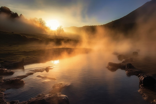 Steam rising from a volcanic hot spring created with generative ai