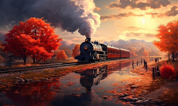 Steam Train in Autumn Landscape