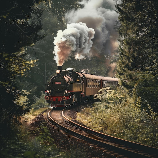 Steam Train in the Forest A vintage steam train emerges from a dense forest leaving a trail of sm