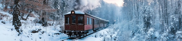 Photo steam train running through the snowy forest