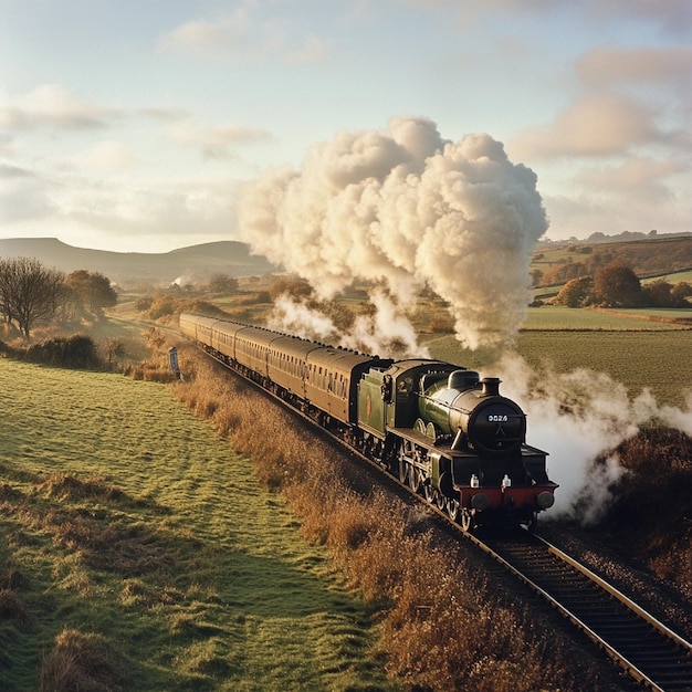 Photo steam train in a rural setting with farmland and distant hills3