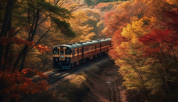 Steam train speeds through tranquil autumn forest generated by AI