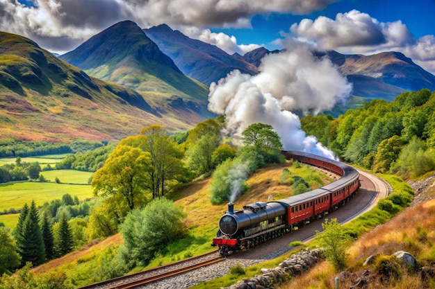 Steam train travelling towards Ben Nevis Scotland Steam train travelling towards Ben Nevis