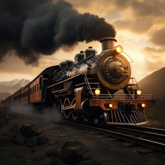 The steam train travels in the evening