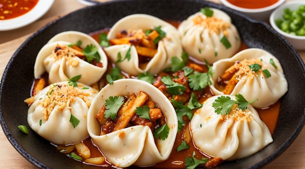 steamed chicken momo with chili sauce