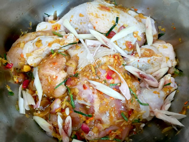 Steamed Chicken in pot with Thai Herbs close up