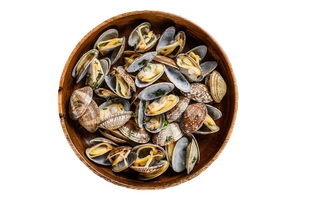 Steamed cooked shells Clams vongole in a wooden plate Isolated on white background