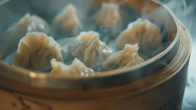 Photo steamed dumplings in a bamboo basket emanating warmth and rich savory flavors capturing the essence of comfort food