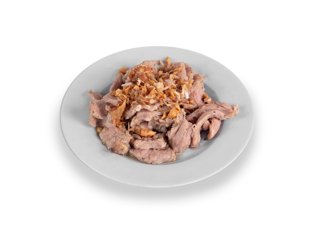 Steamed pork on plate over white background ready to eat