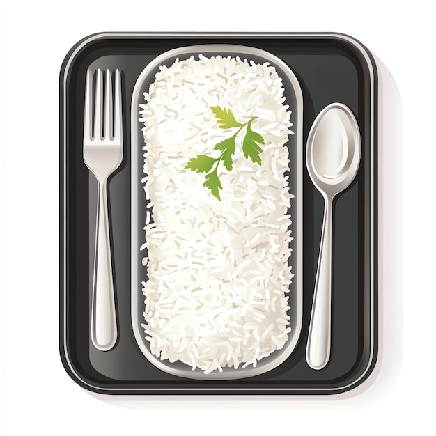 Photo steamed rice in tray with spoon and fork top view