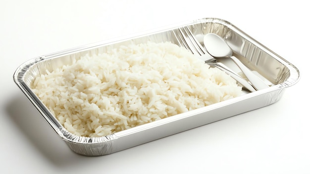 Steamed Rice in Tray with Spoon and Fork