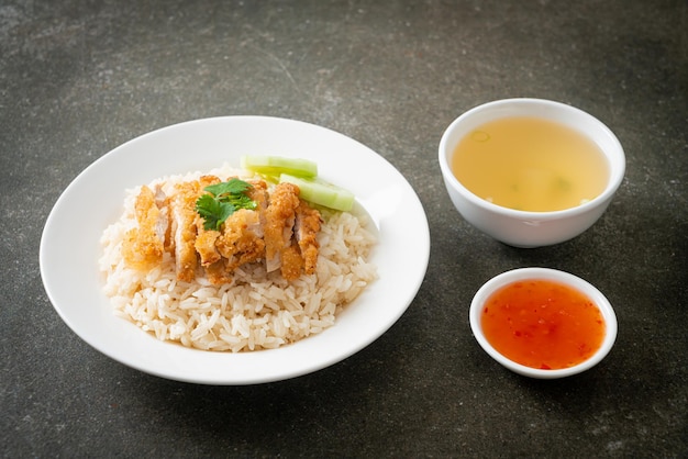 Steamed Rice with Fried Chicken or Hainanese Chicken Rice - Asian food style