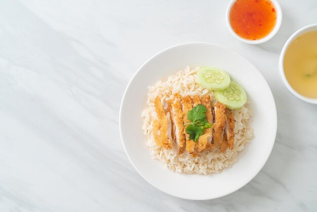 Steamed Rice with Fried Chicken or Hainanese Chicken Rice - Asian food style