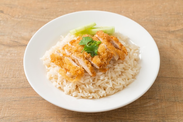 Steamed Rice with Fried Chicken or Hainanese Chicken Rice - Asian food style