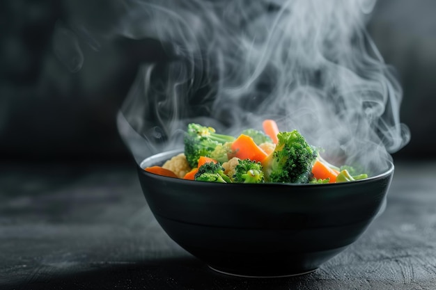 Photo steaming black bowl with healthy vegetables carrot broccoli cauliflower hot food on a black table