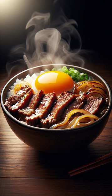 Steaming Bowl of Beef Egg and Onion Rice