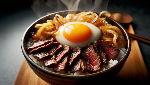 Steaming Bowl of Beef Egg and Onion Rice