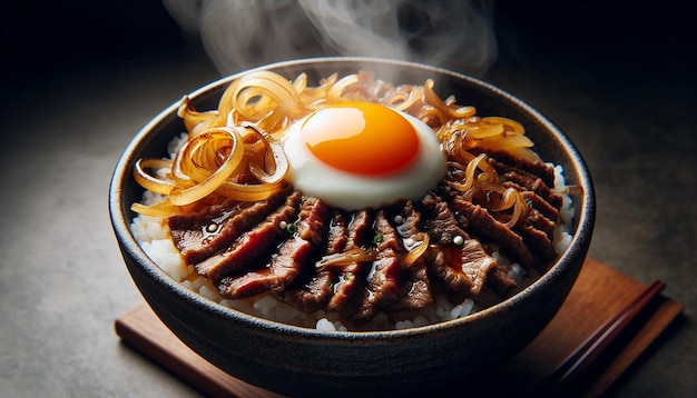 Steaming Bowl of Beef Egg and Onion Rice