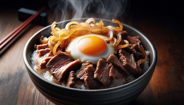 Steaming Bowl of Beef Egg and Onion Rice