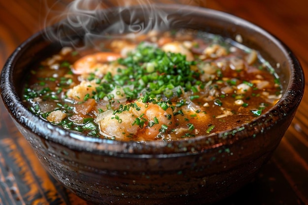 Steaming bowl of gumbo on a dark wooden table