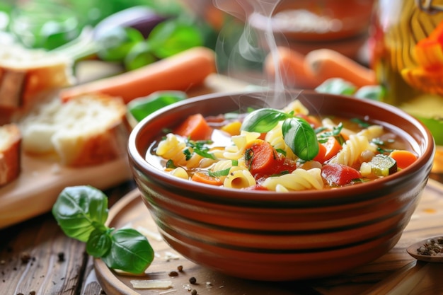 Photo a steaming bowl of italian minestrone soup with fresh vegetables and pasta served with a side