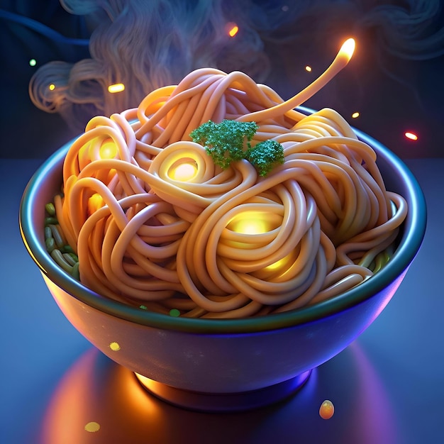 A steaming bowl of noodles with glowing accents