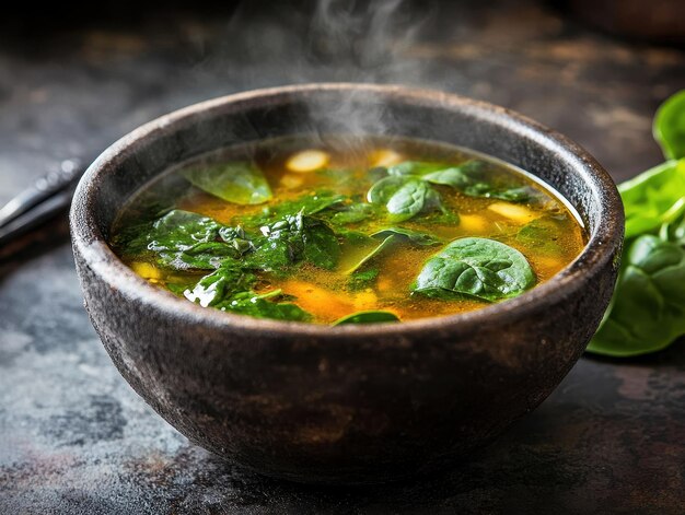 Photo a steaming bowl of soup with spinach and herbs highlighting warmth and nourishment