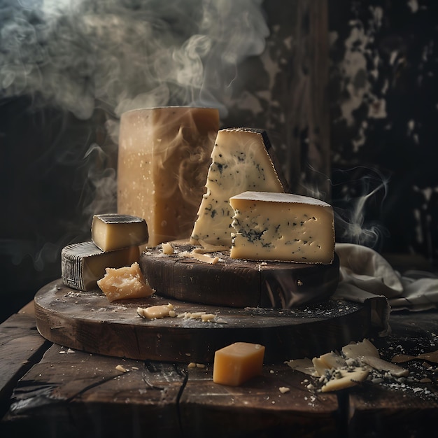 Photo steaming cheese on a rustic wooden cutting board