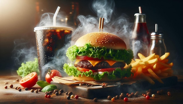 Steaming Cheeseburger With Lettuce Onion and Cold Soda