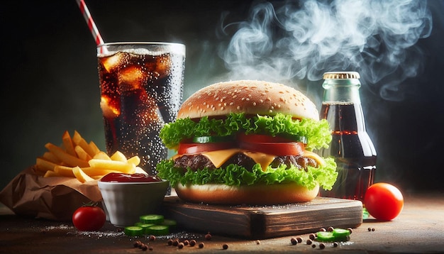 Steaming Cheeseburger With Lettuce Onion and Cold Soda