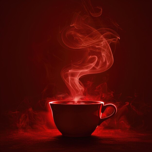 Steaming Coffee Cup in Black Hot Beverage with Smoke and Vapour on Red Background