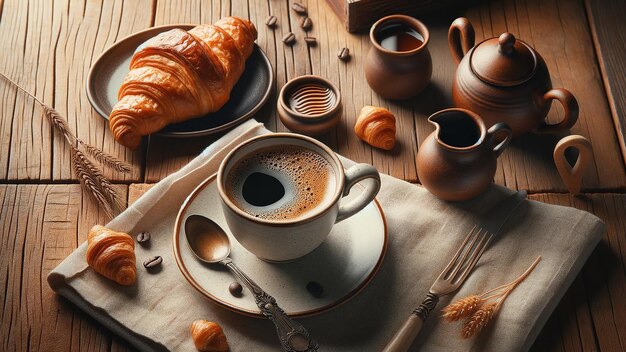 steaming coffee cup and a freshbaked croissant on a plate set upon a wooden table