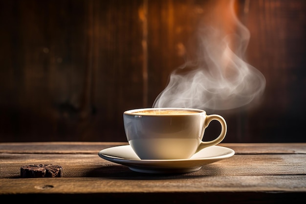 Steaming coffee cup on a rustic wooden table