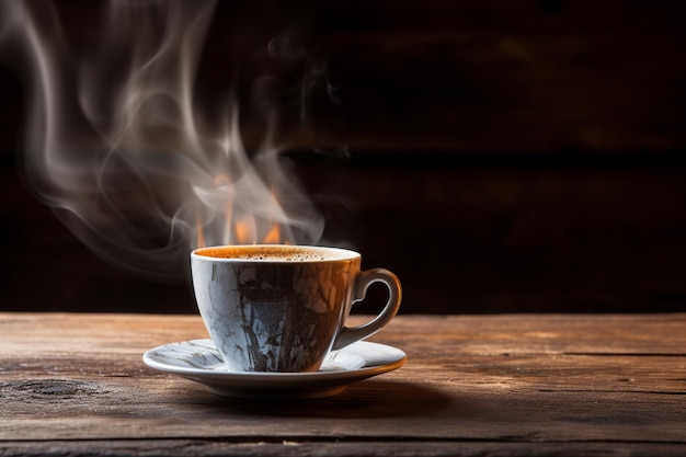 Steaming coffee cup on a rustic wooden table