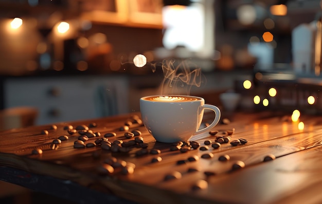 A steaming coffee cup sits amidst scattered beans with warm lights in the blurred background creating a cozy atmosphere