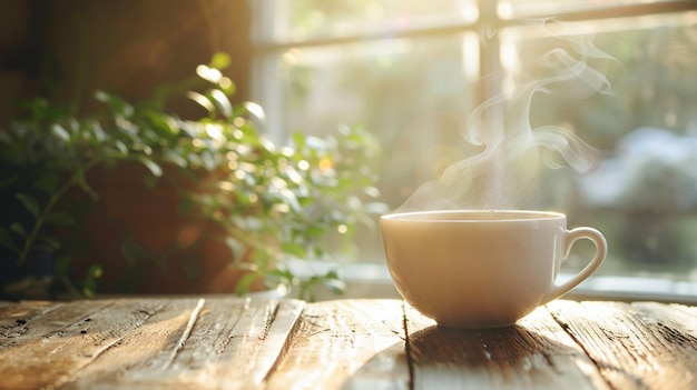 Steaming Coffee Cup on Wooden Table Morning Aroma