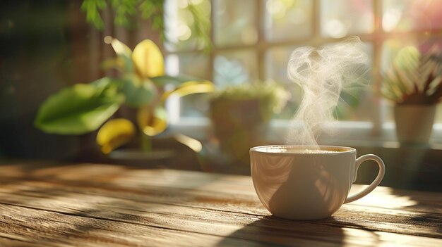 Steaming Coffee Cup on Wooden Table