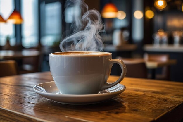 Steaming Coffee Cup on Wooden Table